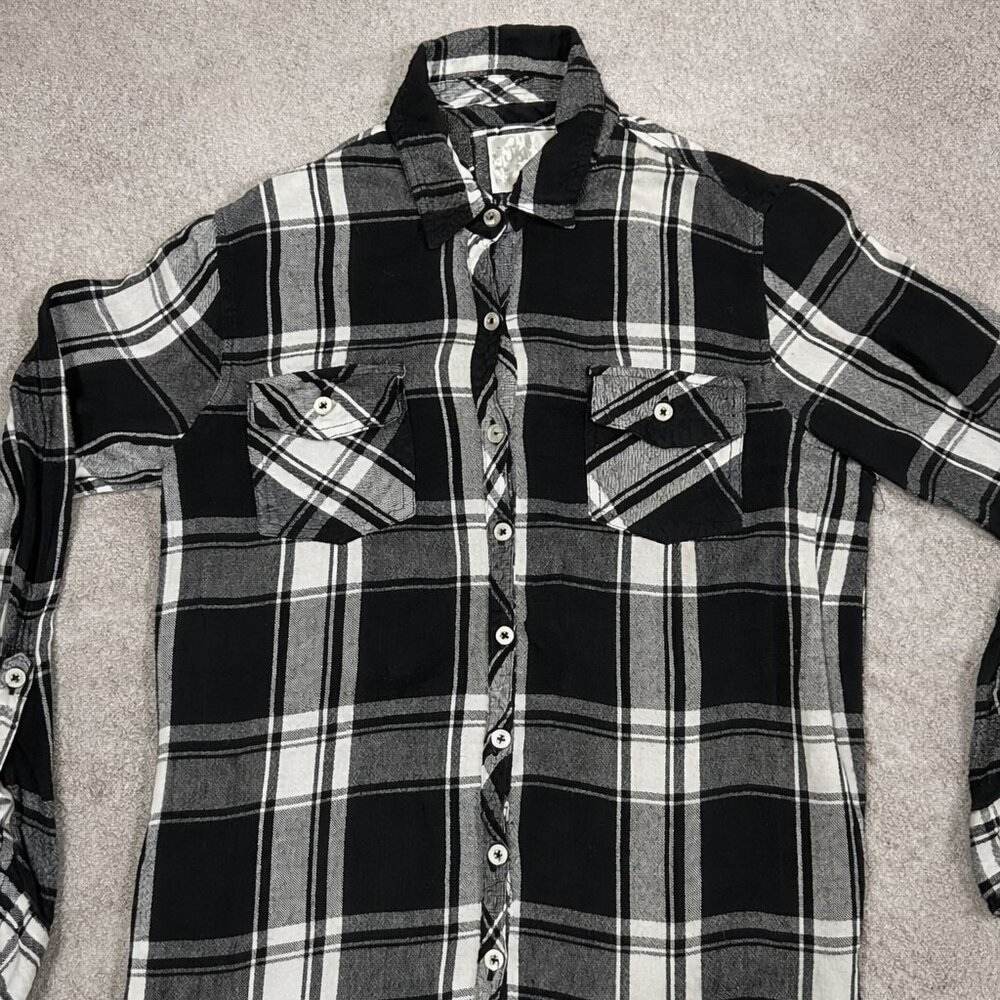 Justice Girls Plaid Button Down Shirt Black White Flannel Long Sleeve‎ Size 18